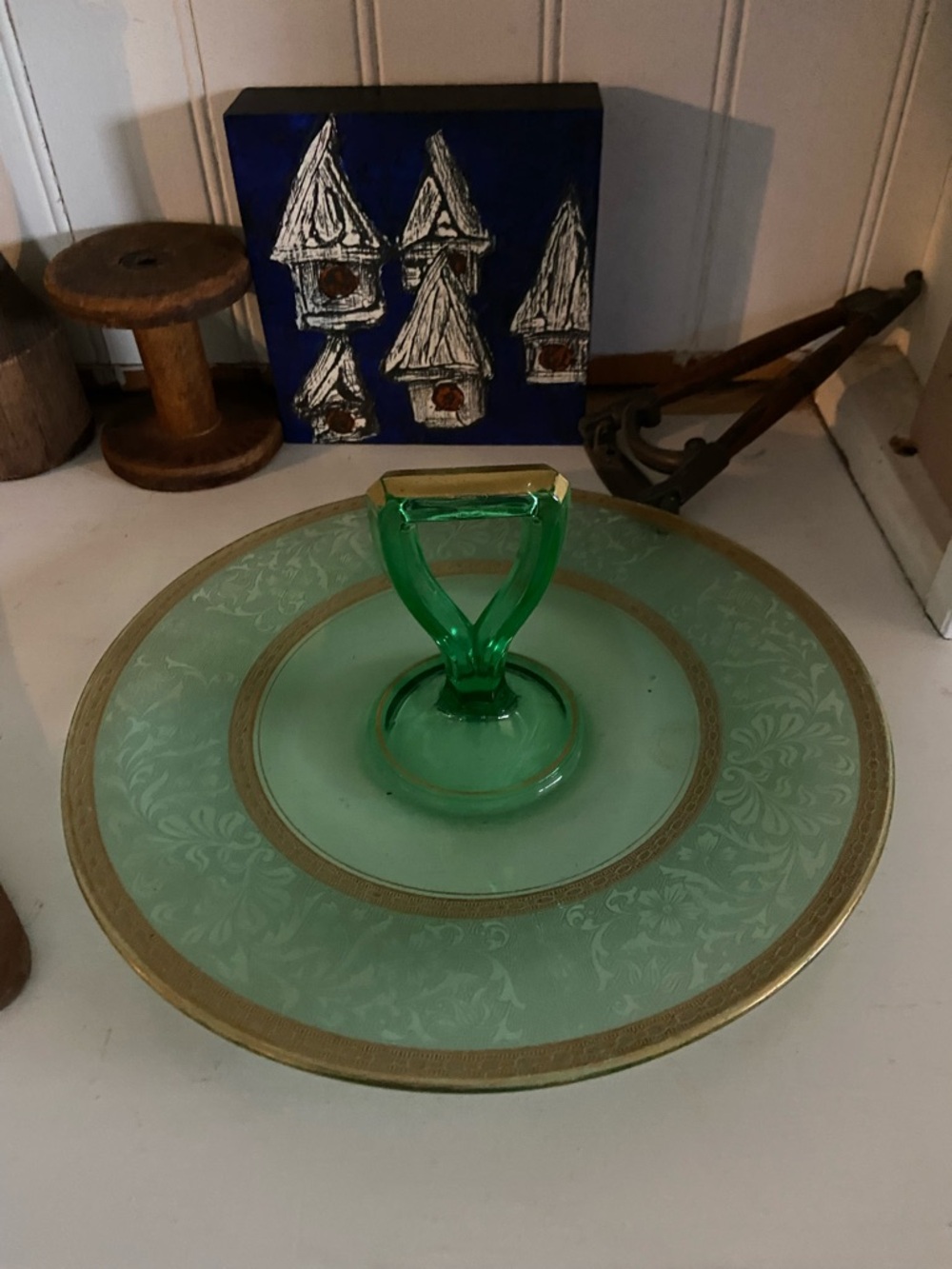 Green Glass Server with Gold Trim